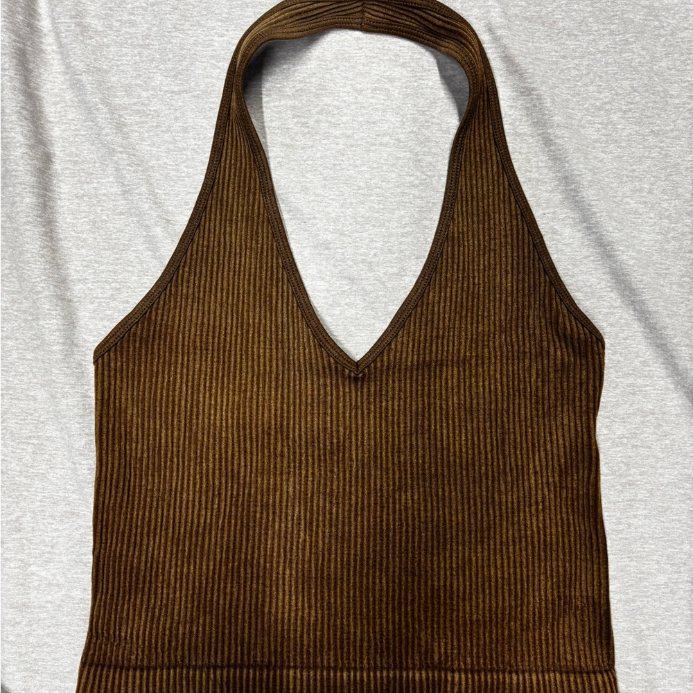Brown Ribbed Halter Crop Top